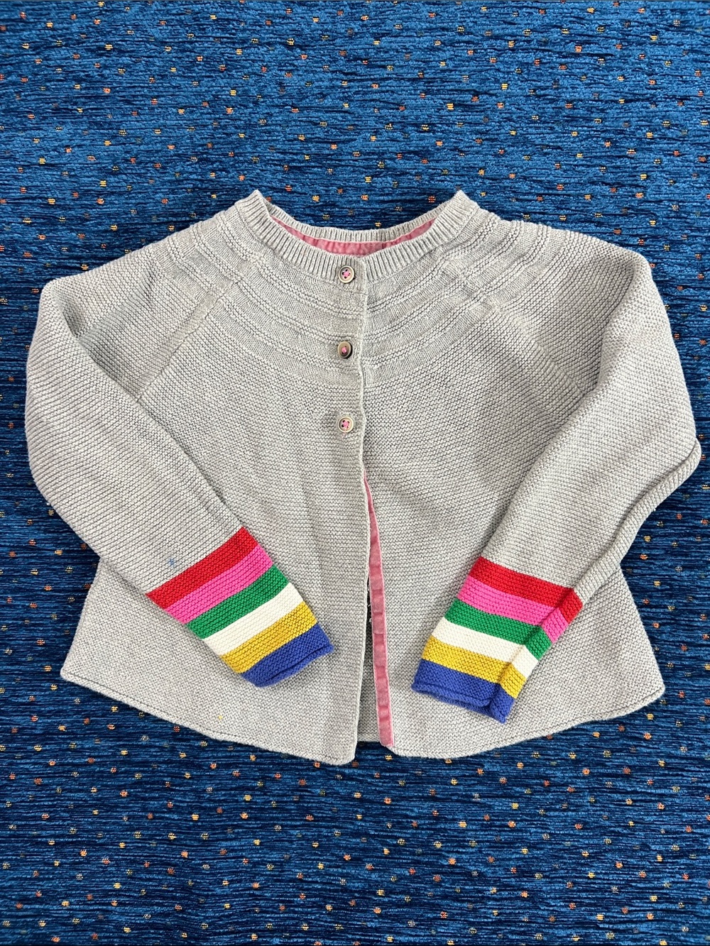 Mini Boden Light Gray Knit Cardigan with Rainbow Stripe Cuffs